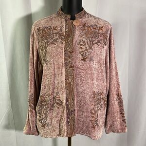 Flashback Pink Chenille Beaded Accent Button Front Collarless Jacket